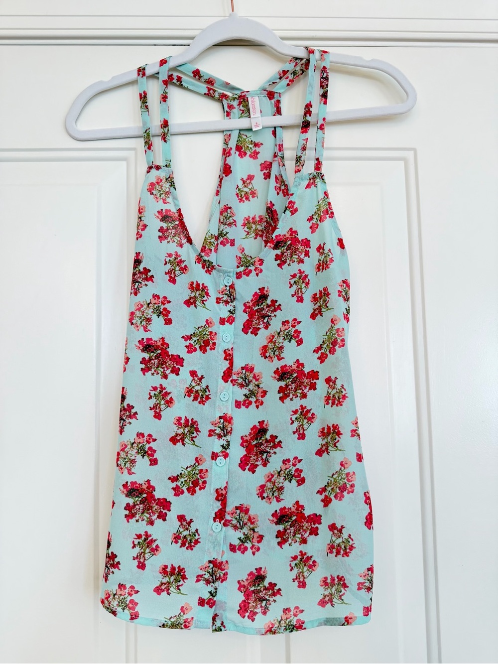 Xhilaration Mint Floral Button-Front Chemise with Pink-Red Blossoms